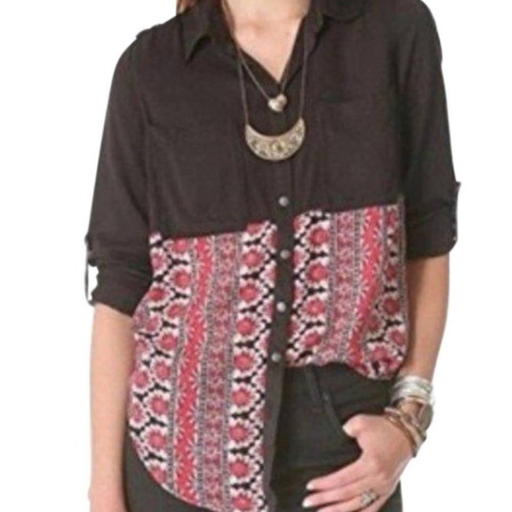 Free People blouse black red floral button up L